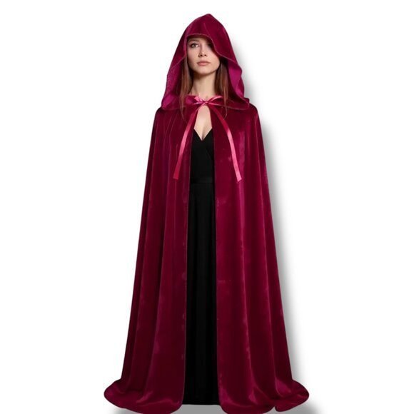 Burgundy Red Velvet Oversized Hooded Cloak Cape - NEW - Picture 1 of 4